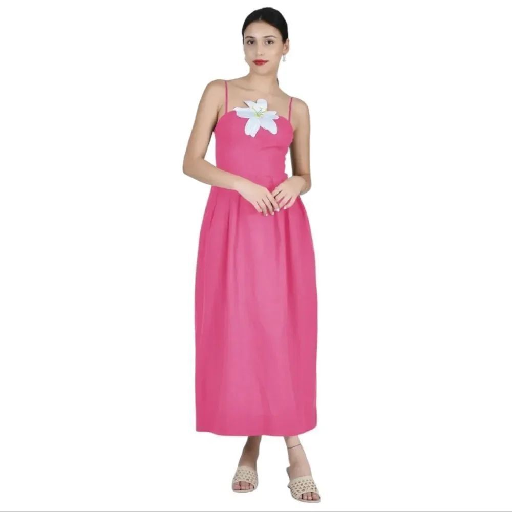 FANM MON Pink Lorr Latrice White Full Bloom Embroidered Detail Linen Midi Dress